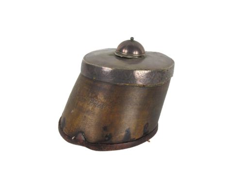 Equestrian interest: An etched silver plated Inkwell, surmounted on a horse hoof, inscribed "The Priest," with top with hinge