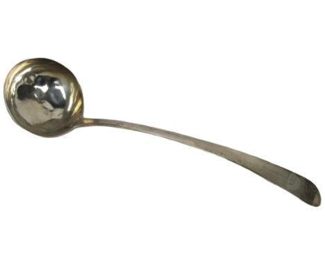 An Irish Georgian period plain Soup Ladle, by John Osborne, Dublin 1790, with engraved mythical fish crest, approx. 36cms (14