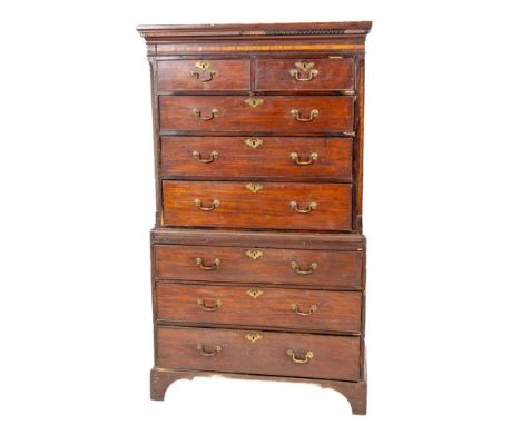 A Georgian period mahogany Chest on Chest, the moulded top over a frieze with chequered and satinwood inlay, with two short a