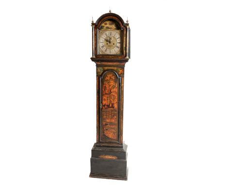 A fine quality 19th Century chinoiserie lacquered Longcase Clock, the hood of arched shape with brass finials housing a silve