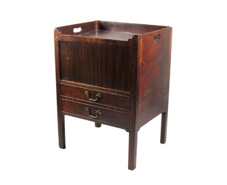 A good Georgian period mahogany Tray Top Bedside Commode,&nbsp;with tambour front opening over two mock drawers, brass handle
