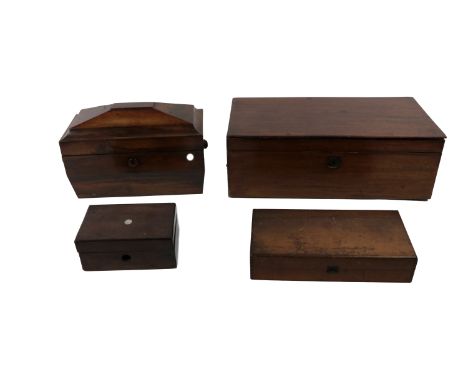 An early Victorian casket shaped rosewood Tea Caddy, lacks bowl, and lid of one cannister; a large Victorian rectangular maho