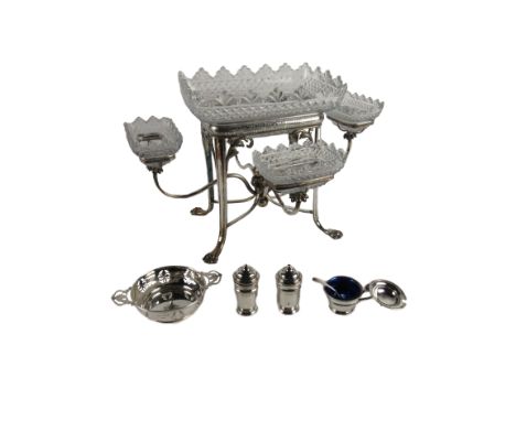 An attractive fine quality 19th Century Epergne, the plated stand with etched design and large cutglass Waterford bowl issuin