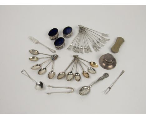 Silverware:&nbsp;Three matching oval pierced Salts, with blue glass liners, a silver Inkwell (lid loose), together with a col
