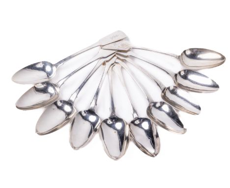 A set of 10 Irish and English fiddle pattern crested (uniformly) silver Serving Spoons, by Matthew West, Samuel Neville, Will