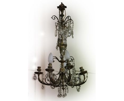 A Regency period six branch ormolu Ceiling Light, with multiple cutglass chains and drops, approx. 91cms high (36"). (1)&nbsp