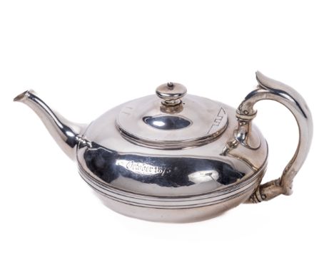 An English silver Teapot, of circular or spherical form, by Garrards, London 1822, the hinged lid with circular finial, appro