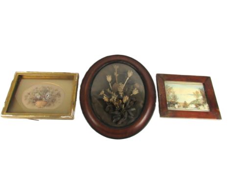 A rare early 19th Century attractive floral Diorama, by Emma Sophia M. Phillips, 1843, with watercolour landscape in backgrou