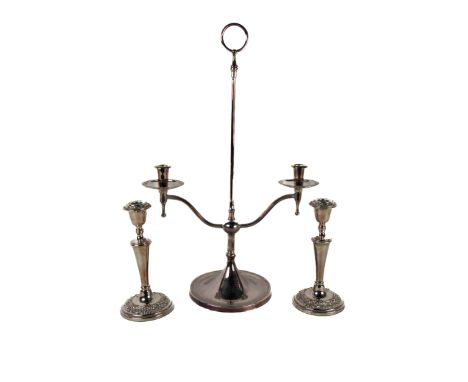 An attractive two branch silver plated Candlestick, with elongated carrying handle on circular base, approx. 56cms (22"); tog