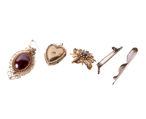 A Ladies heart shaped 9ct gold Locket, with central floral design set with rubies and pearls, together with a shield shaped 9
