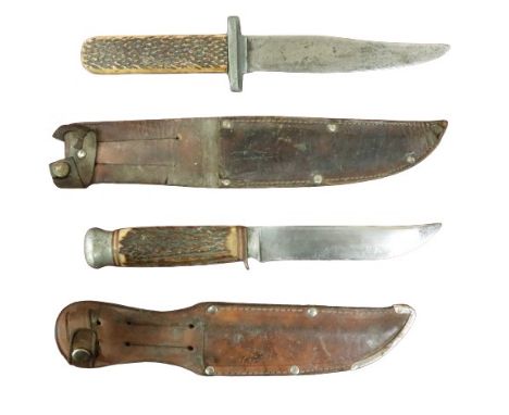 Militaria: An English bone handled 'Sheffield' Hunting Knife, stamped William Rodgers, with shaped blade, leather scabbard; t