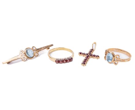 A 9ct gold Tie Pin, with central pierced design set with oval aquamarine with matching Ring; a 9ct gold Ladies Ring set with 