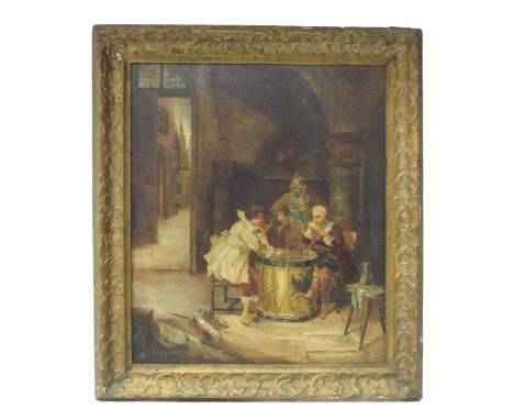 E. Hubert - 19th Century  "Interior Scene with Cavaliers Playing Chess," O.O.C.,&nbsp;Signed&nbsp; lower left, 57cms x 48cms 