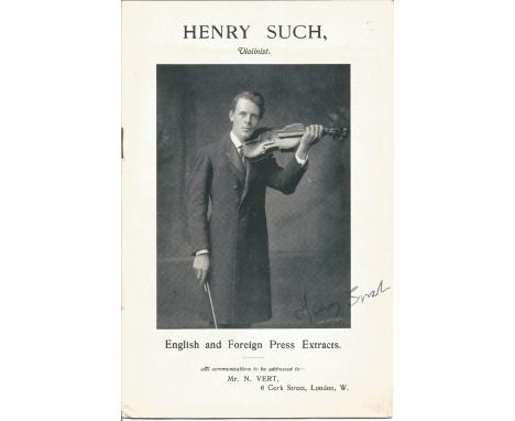Henry Such violinist signed biographical booklet with portrait photo to front signed on this page. Good Condition. All signed