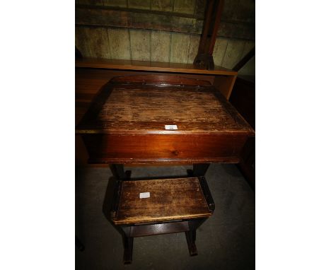 Vintage Pine School Desk &amp; Associated Stool