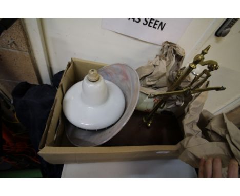 Box of misc inc scales, lamp shade etc