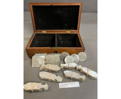 A Chinese mother of pearl gaming pieces in velvet lined box (19 x rectangular, 1 x flat rectangle, 5 x circular scalloped edg