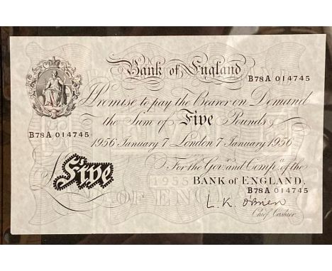 A 1956 Bank of England January 7th White Five Pound note signed L K O'Brien, UNC