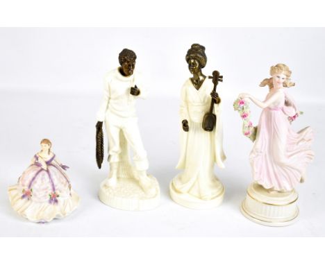 MINTON; two white glazed and bronzed mounted figures MS13 'The Fisherman' (af) and MS26 'Geisha', a small Royal Worcester fig