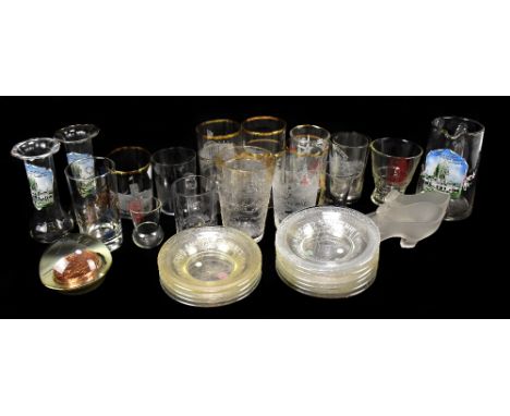 A quantity of exhibition and exposition glass including an enamel decorated jug and two vases for the Glasgow 1911 exhibition