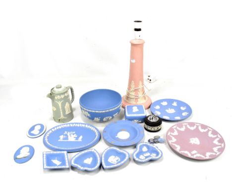 WEDGWOOD; seventeen pieces of jasperware, including two plaques, assorted buttons and roundels, also a Canada Art pottery tab