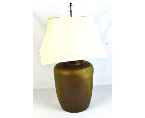 A Chinese brown glazed ovoid table lamp with twin bulb fitment, height 78cm.&nbsp;&nbsp;Provenance: Private sale from collect