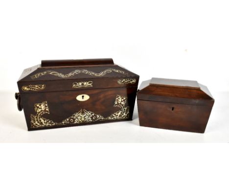 A Victorian rosewood tea caddy with mother of pearl inlay, the hinged cover enclosing two compartments and glass mixing bowl,