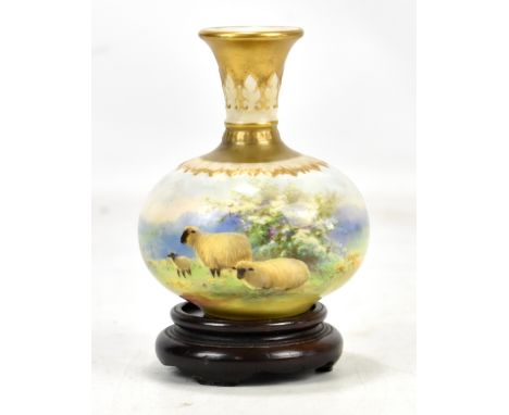 HARRY DAVIS FOR ROYAL WORCESTER; a hand painted bulbous vase with flared neck, decorated with sheep in landscape, puce factor