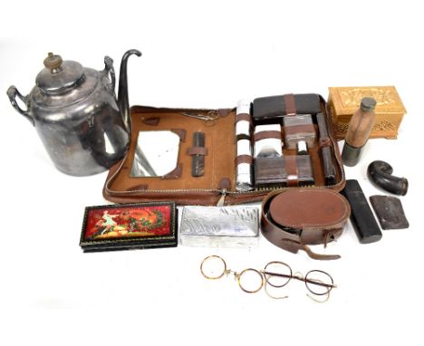 A mixed group of collectors' items including Russian lacquered box, sandalwood box, hip flash, cased gentleman's vanity set, 