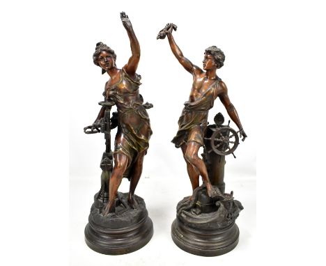 AFTER CHARLES OCTAVE LEVY; a pair of bronzed spelter figures, 'Industrie' and 'Commerce', both with impressed signatures to l