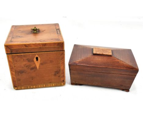 A Georgian yew wood and line inlaid tea caddy, 11 x 12cm, and a mahogany sarcophagus shaped caddy (2).