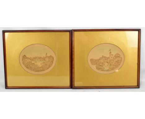 A pair of Victorian carved cork pictures, the first depicting a castle with boat on lake to foreground, the second a stately 