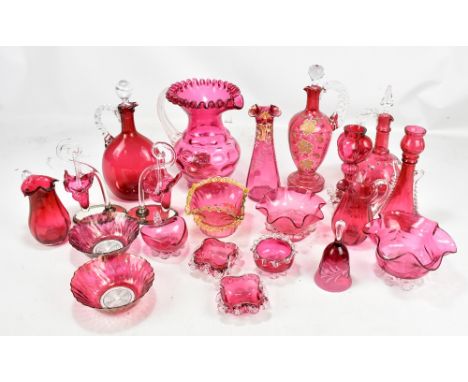 A group of cranberry glass including enamel decorated vase and jugs, large jug, bowl, etc.Additional InformationToo many item