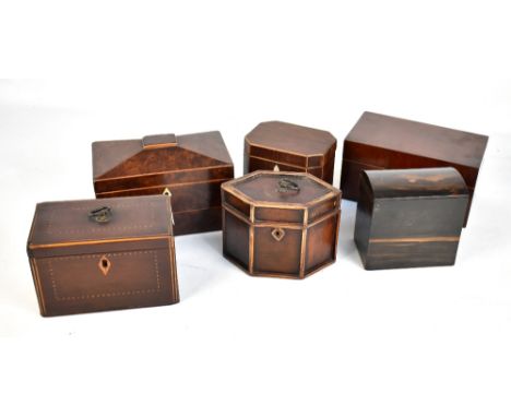 Six Georgian and later tea caddies and boxes to include inlaid tea caddy, length 16cm, etc (6).Additional InformationGeneral 
