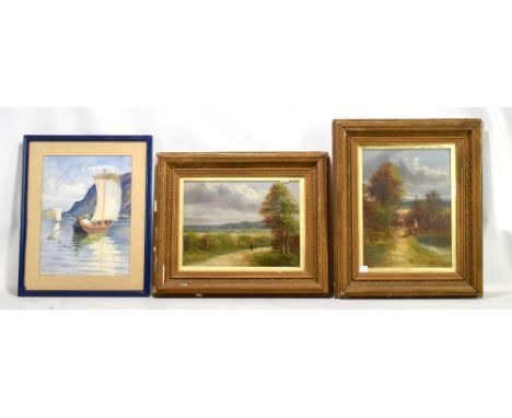 19TH CENTURY ENGLISH SCHOOL; two oils on board, rural landscapes featuring figures, one monogrammed PP, both 29 x 22.5cm (por