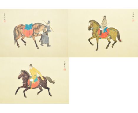 Three 20th century Chinese gouaches on silk, two depicting men on horseback and the third a gentleman leading a horse, all wi