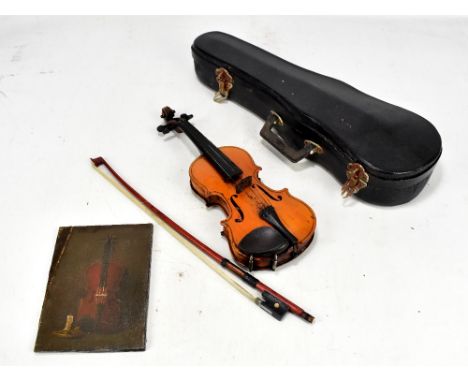 A miniature model of a cased violin and bow, with an oil on board painting of a violin.Additional InformationBow length is 41