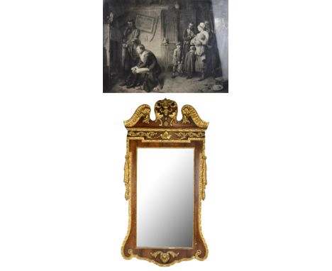 A reproduction mahogany framed wall mirror with rococo-style gilt highlights, height 109cm, and a print after Marcus Stone (2