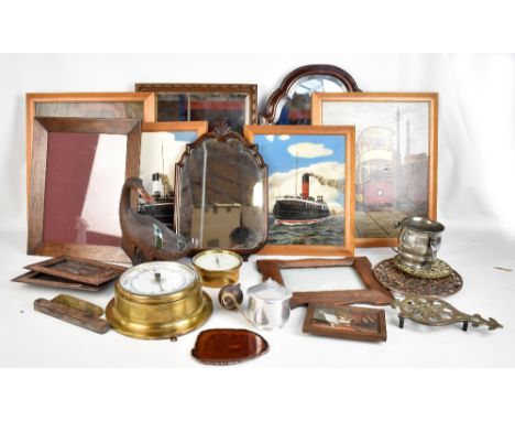 A brass cased aneroid barometer, a walnut framed mirror, etc.