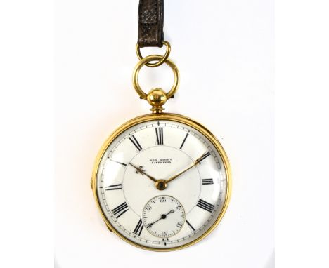 BEN KIRBY OF LIVERPOOL; an 18ct yellow gold cased open face key wind pocket watch, the circular enamel dial set with Roman nu