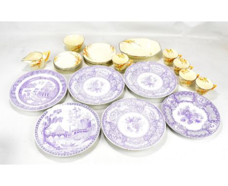 CROWN DUCAL; a 'Pussy Willow' pattern part tea set, and six Spode Archive Collection decorative plates.&nbsp;