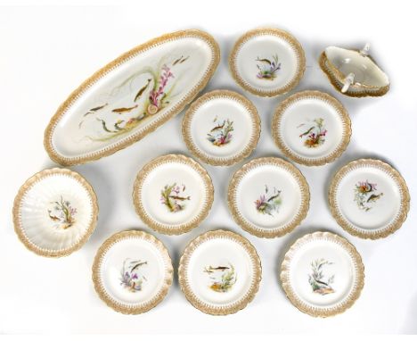 ROYAL WORCESTER; a vitreous fish service comprising large oval platter, nine plates, a ribbed bowl and a twin handled sauce b