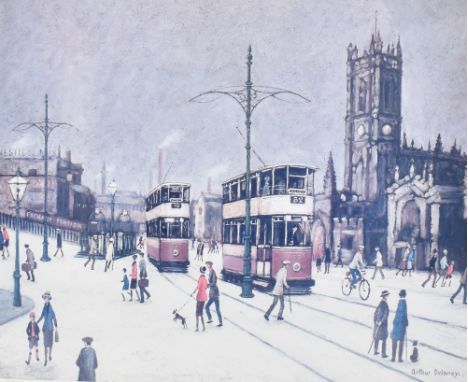 AFTER ARTHUR DELANEY; a coloured limited edition print, Manchester street scene featuring two trams, No 603/850, 35 x 44cm, a
