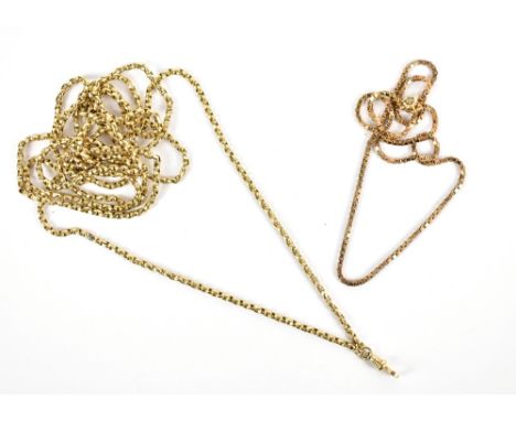A 9ct yellow gold box link necklace, length 23.5cm, and a yellow metal belcher link opera chain, length 74cm, approx 42g (2).