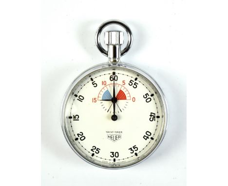 HEUER; a boxed 'Yacht Timer' stop watch, the signed circular enamel dial set with Arabic numerals, in chrome finish case with