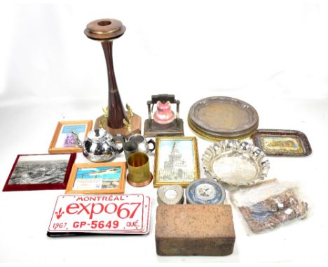 A quantity of metalware and collectors' items relating to expositions and exhibitions, including a brick from the 1898 exhibi