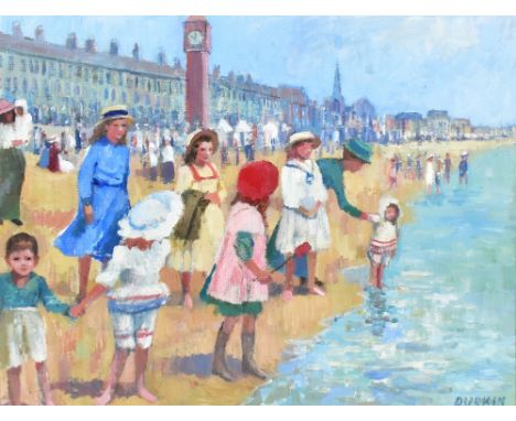 TOM DURKIN (1928-1990); oil on board, 'First Trip to The Seaside', signed, inscribed to label verso, 39 x 49cm, framed and gl