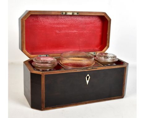 A Georgian stained mahogany crossbanded tea caddy, the hinged cover enclosing two glass lidded jars and mixing bowl, length 2