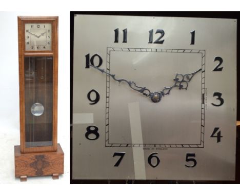 A 1940s walnut veneered Art Deco longcase clock with silver dial set with Arabic numerals and triple weight movement, height 