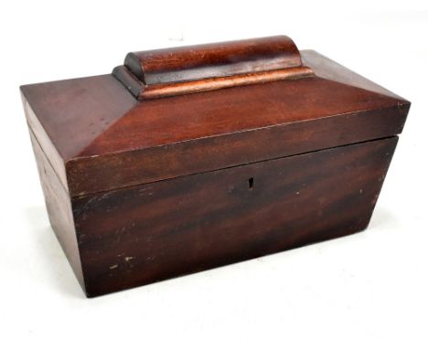 A Victorian mahogany sarcophagus shaped two division tea caddy, length 24cm.